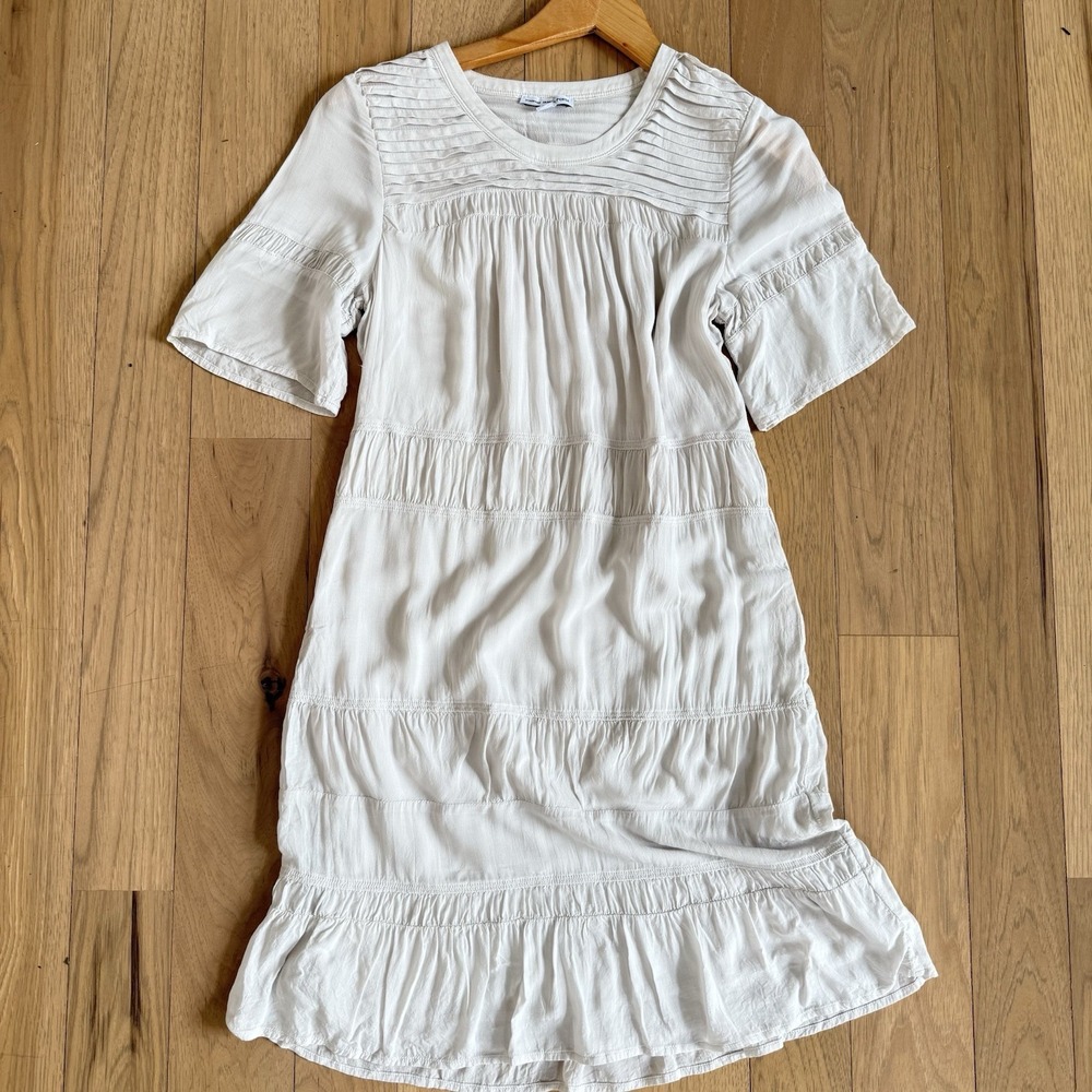 James Perse Womens XS Pintuck BabyDoll Dress Short Sleeve Ivory Viscose Ruffle